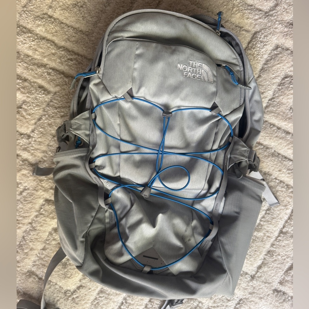 The North Face Borealis Silver Backpack with Blue Accents